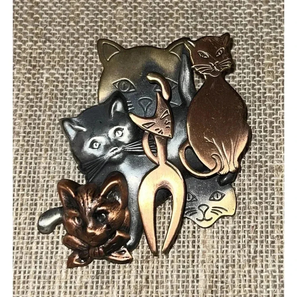 K&t Vintage Cat Collage Brooch Multitone Metal Unsigned Copper Silver Gold Tone